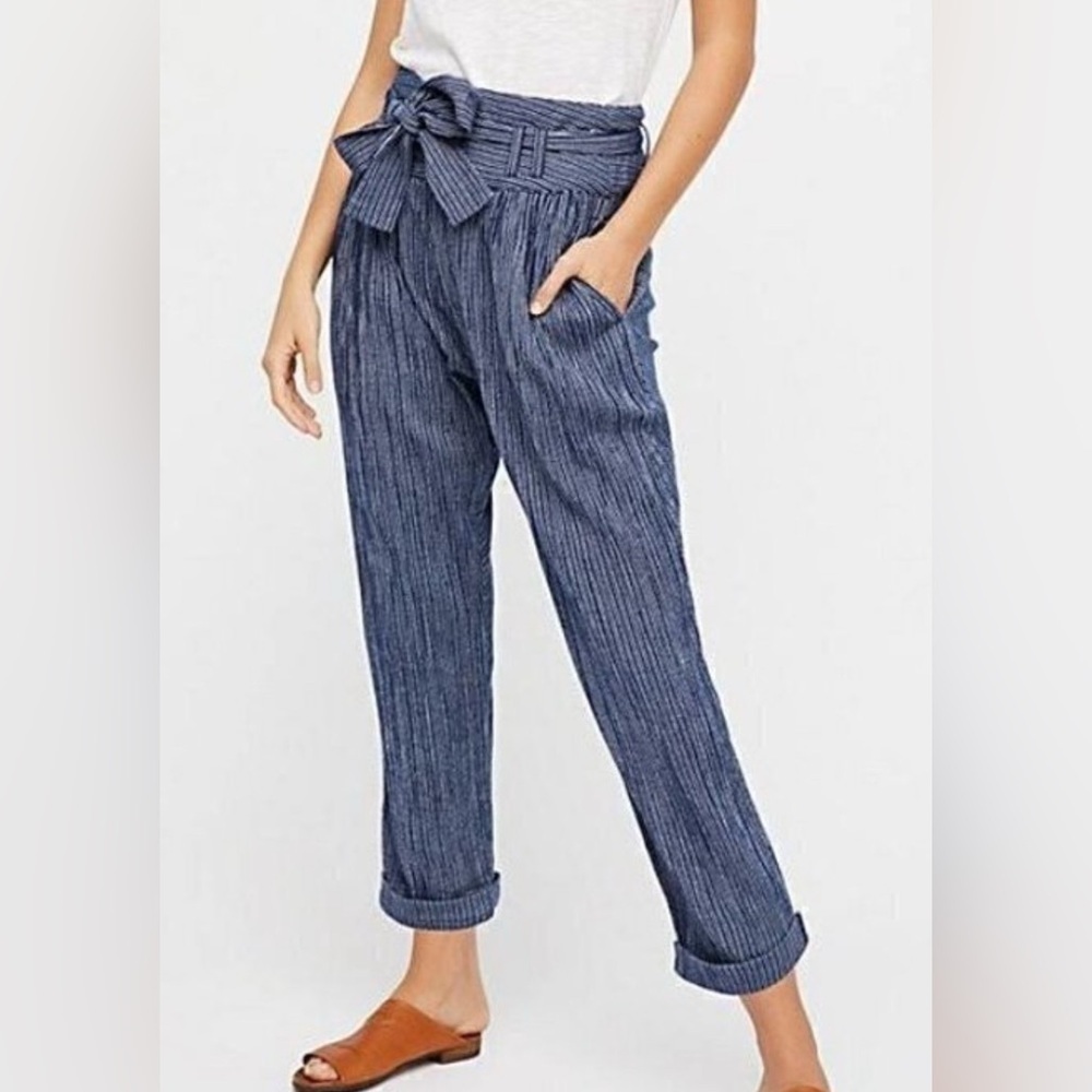 Free People Rumors Yard Dye blue striped paper bag high waisted pants, size 6
